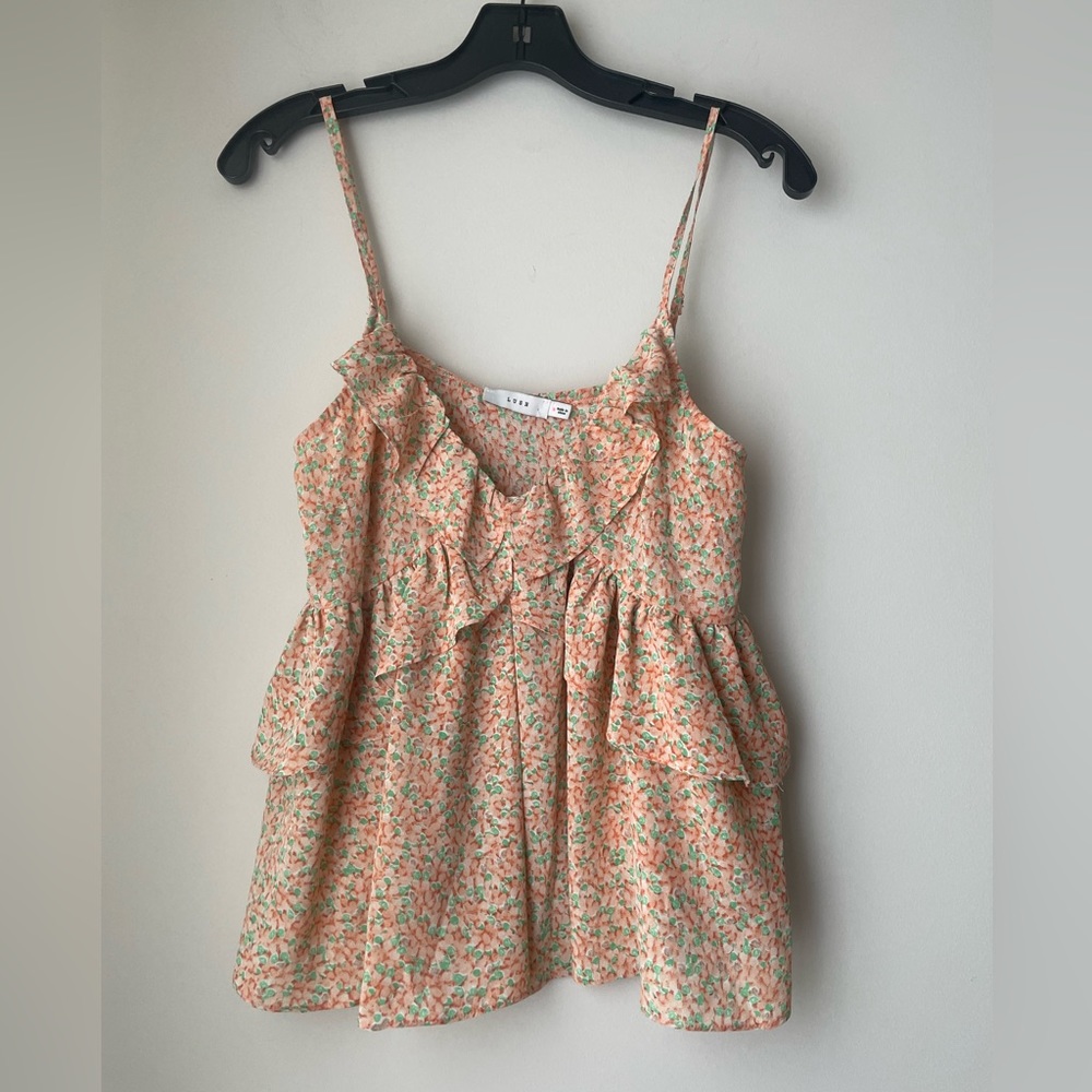 Lush Sleeveless Empire Waist Floral Apricot Green Top Size Medium